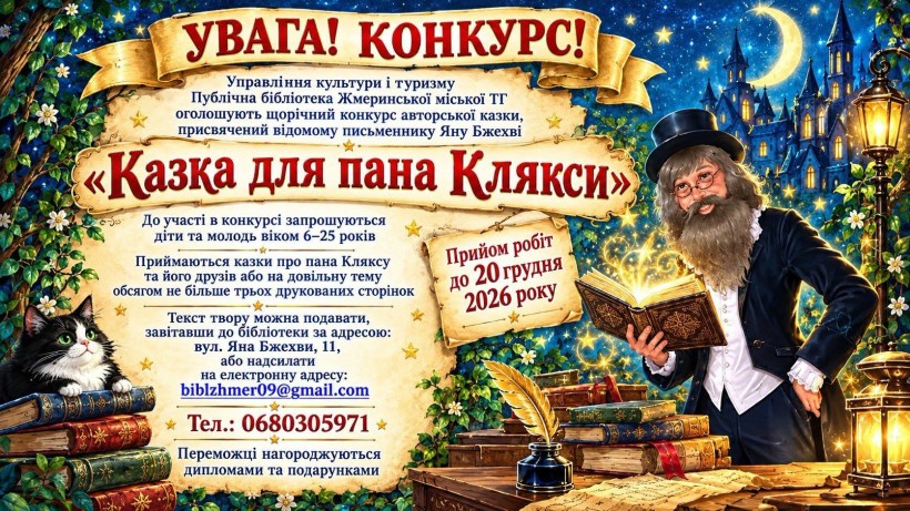 Афіша та умови конкурсу з зображенням пана Клякси з книжками та котом
