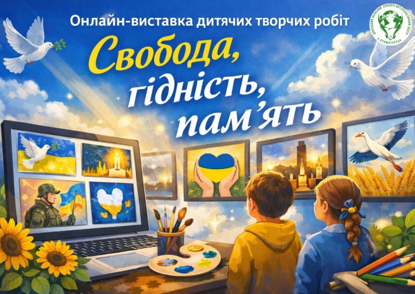 Банер обласної виставки: хлопчик та дівчинка розглядають малюнки