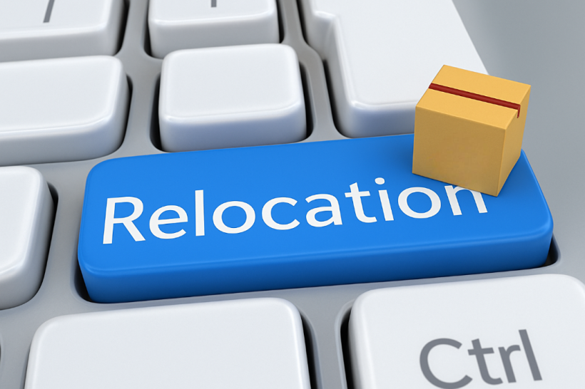 Кнопка “Relocation” на клавіатурі з маленькою посилкою – символ переміщення бізнесу до безпечніших регіонів.