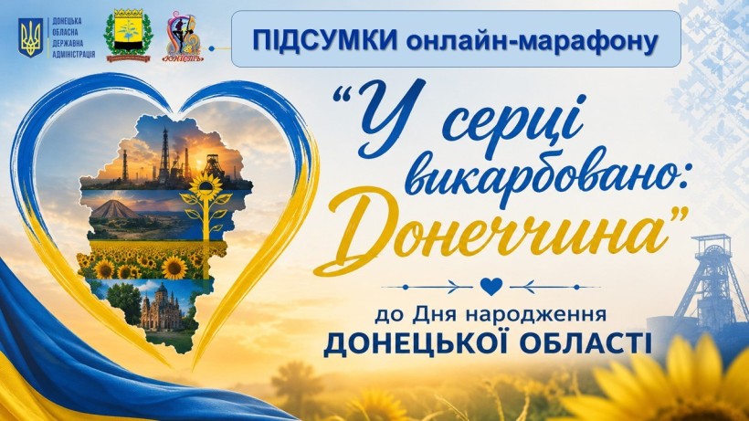 Афіша підсумків онлайн-марафону «У серці викарбовано: Донеччина» із логотипами Донецької облдержадміністрації та Донецького Палацу молоді «Юність».