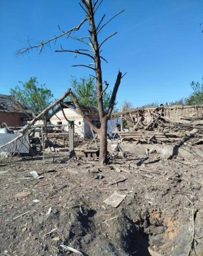 Зруйноване подвір'я після обстрілу та пошкоджені дерева.