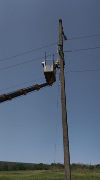 Співробітник ДТЕК ремонтує електромережу на підйомнику.