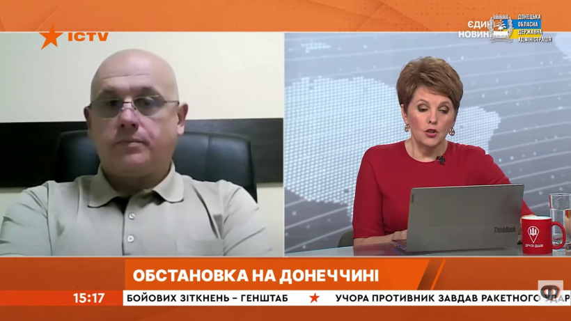 Скрін з прямого ефіру телемарафону Єдиних новин" - ведуча розпитує Юрія Винокурова про оперативну облстановку на Донеччині
