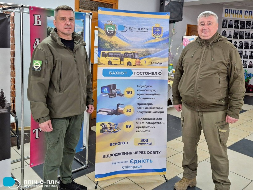 Заступник начальника Бахмутської міської військової адміністрації Олександр Марченко та голова Гостомельської селищної територіальної громади біля банера з інформацією про допомогу Гостомельській школі від Бахмутскої громади