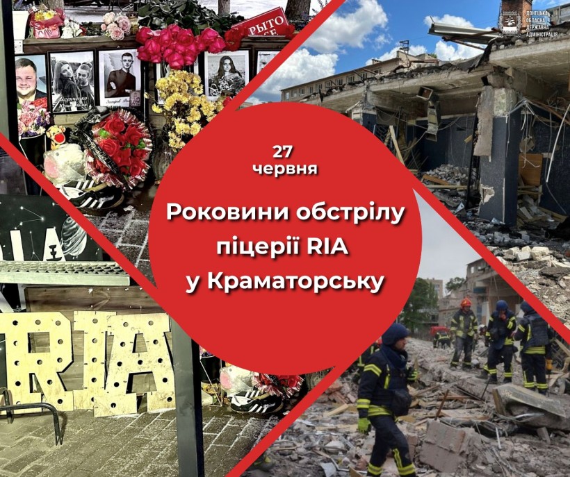 Колаж, на якому зображено меморіал з квітами та фотографіями, руїни зруйнованої будівлі та пожежники серед уламків. Центральне червоне коло з текстом.