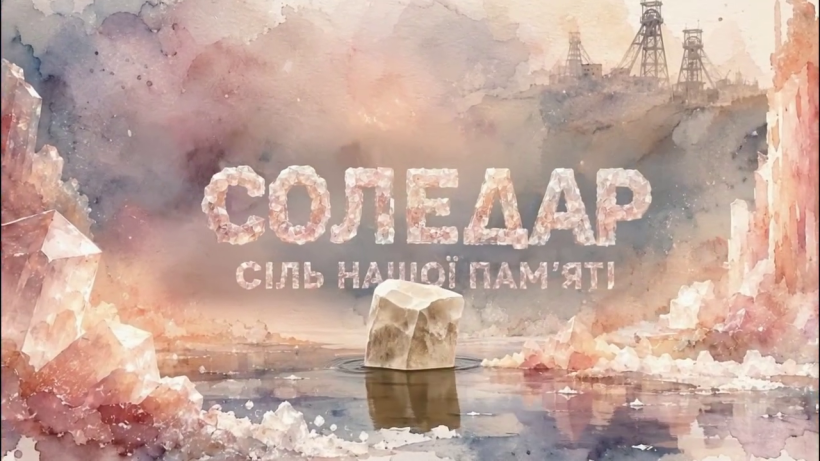 Напис Соледар на фоні моря, гір, корабля - все зроблено з солі