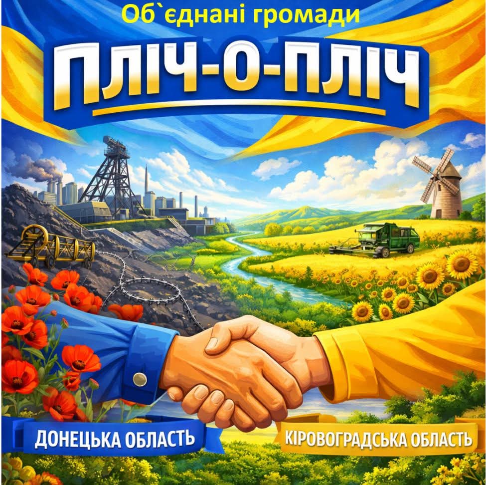 Дві руки тиснуть одна одну та визначні місця Донецької та Кіровоградської областей, логотип проєкту "Пліч-о-пліч"